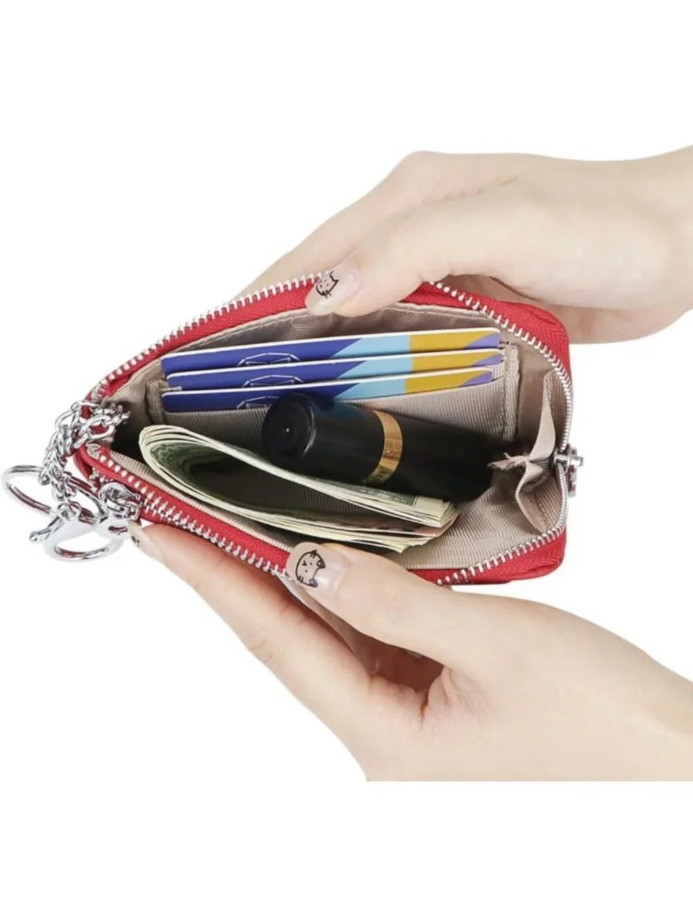 Genuine Leather RFID Coin Purse, Multi-Zipper Clutch Wallet with Keychain